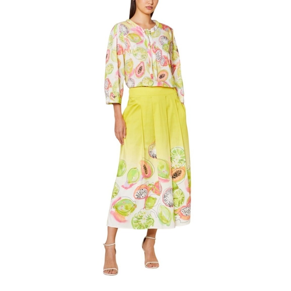 NWT Marc Cain Yellow Ombre Tropical Fruit Print Pleated Maxi Skirt Pockets XS